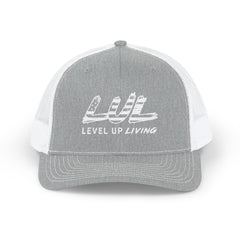 Level Up Living Snapback Trucker Cap — Distressed Logo Mesh Baseball Hat
