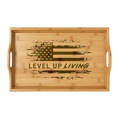 Engraved Bamboo Serving Tray — "Level Up Living" American Flag Design