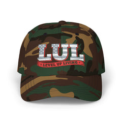 Level Up Living Dad Cap — Vintage American Flag Script Hat