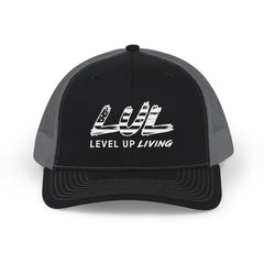 Level Up Living Snapback Trucker Cap — Distressed Logo Mesh Baseball Hat