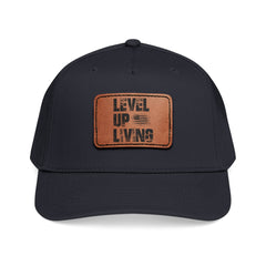 Leather Patch Baseball Cap — “LEVL UP LVNG” Motivational Trucker