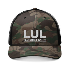 Camouflage Trucker Hat — "LUL Level Up Living" Embroidered Mesh Cap